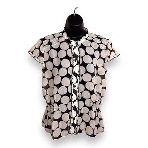 LARGE Y2K ERA BLACK WHITE POLKA DOT RETRO BLOUSE PINUP RUFFLE SHORT SLEEVE